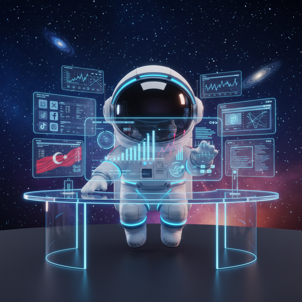 KOBİler için dijital pazarlama stratejisi 2026 - astronot maskot veri analizi yapıyor