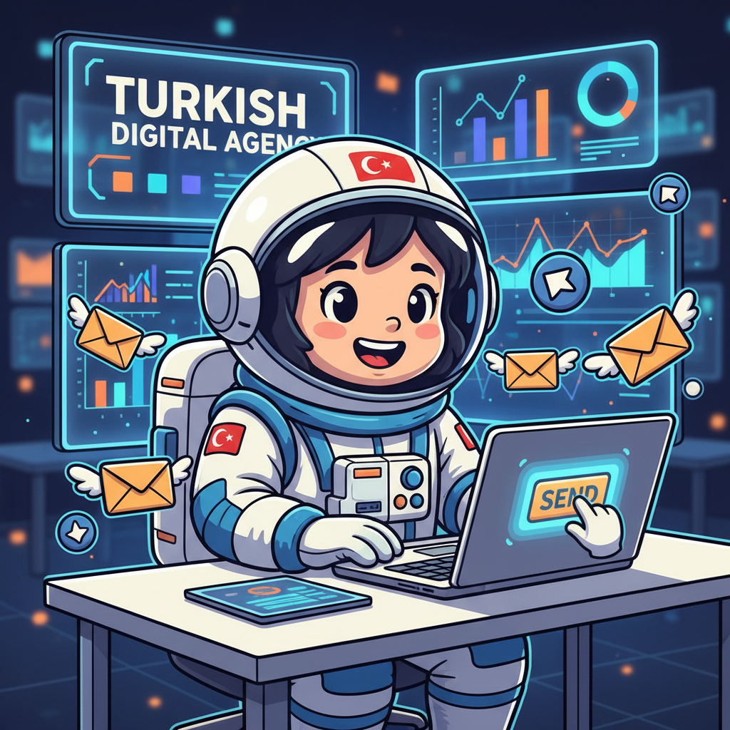 E-posta pazarlaması 2026 - Bozbay Ajans astronot maskot email marketing görseli