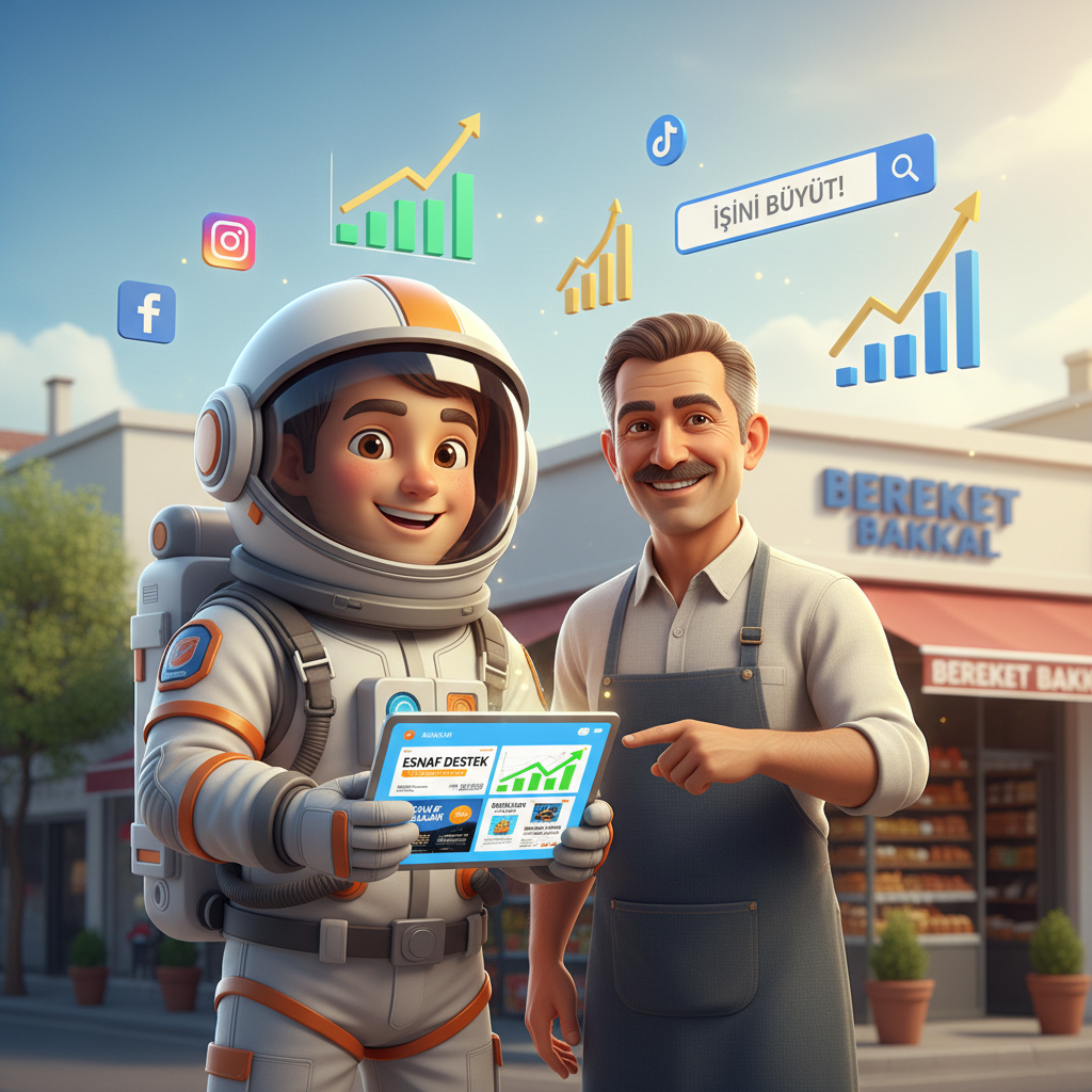 Küçük işletmeler için dijital reklam rehberi görseli - astronot maskot