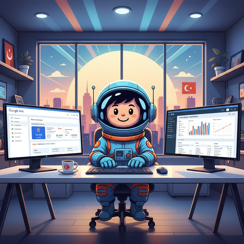 Astronot maskot Google Ads ve SEO dashboard başında dijital pazarlama stratejisi